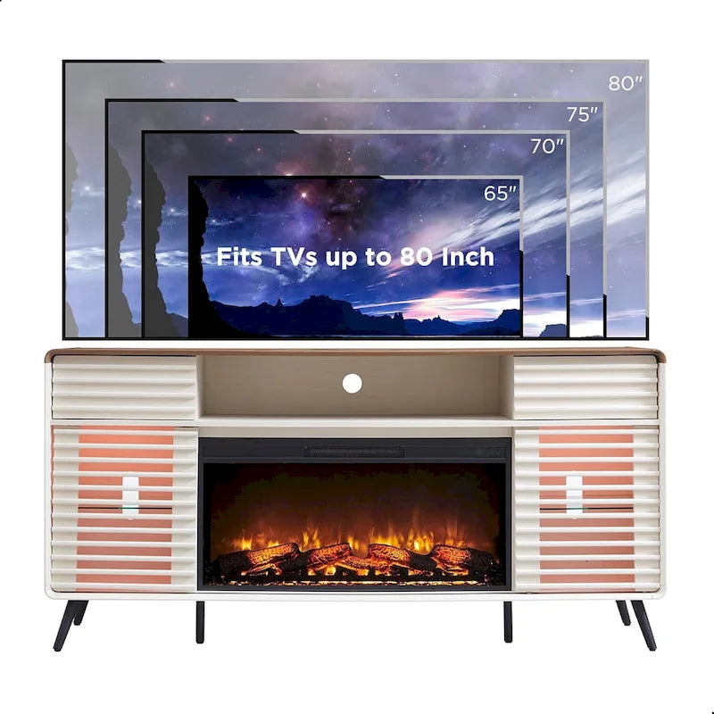Antique White / Natural Oak / Dark Walnut Mid-Century TV Stand with Electric Fireplace, Fits TVs up to 80"