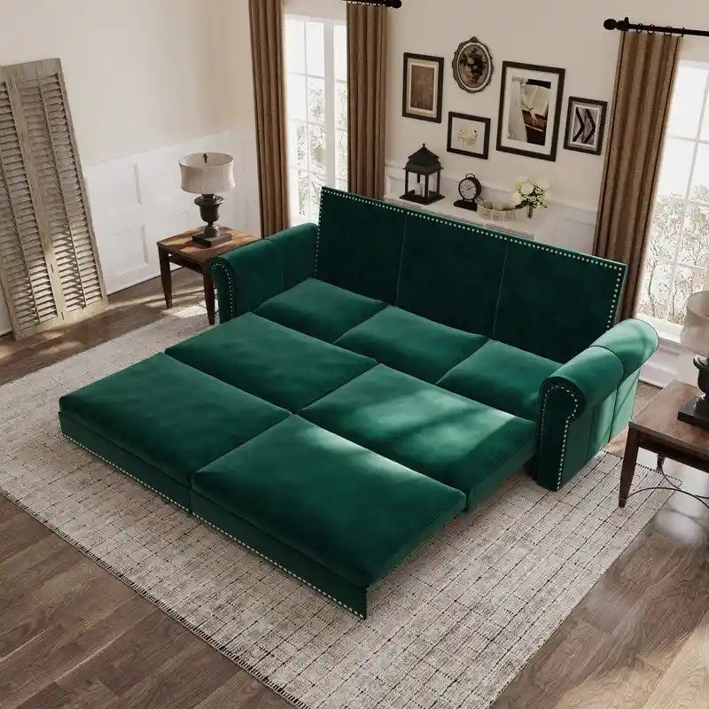 Green/Grey/Black/Beige Velvet & Faux Leather 3-in-1 Pull-Out Sleeper Sofa, Seats 2-3