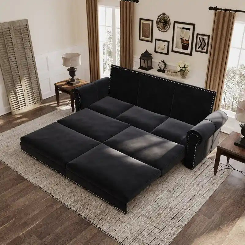 Green/Grey/Black/Beige Velvet & Faux Leather 3-in-1 Pull-Out Sleeper Sofa, Seats 2-3
