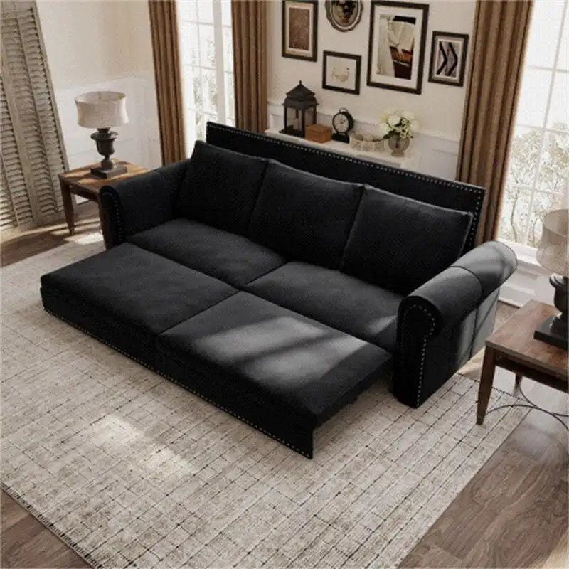 Green/Grey/Black/Beige Velvet & Faux Leather 3-in-1 Pull-Out Sleeper Sofa, Seats 2-3