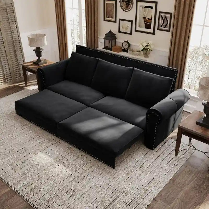 Green/Grey/Black/Beige Velvet & Faux Leather 3-in-1 Pull-Out Sleeper Sofa, Seats 2-3