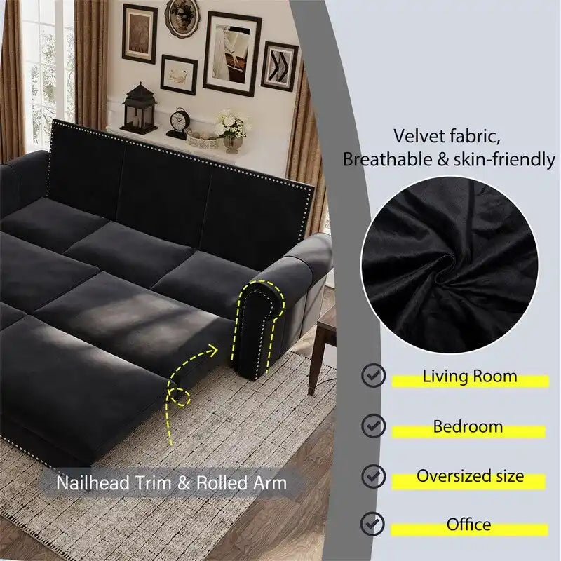 Green/Grey/Black/Beige Velvet & Faux Leather 3-in-1 Pull-Out Sleeper Sofa, Seats 2-3