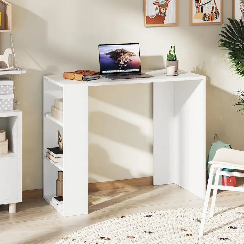 White Corner Writing Desk with 3 Open Shelves, Single-Person