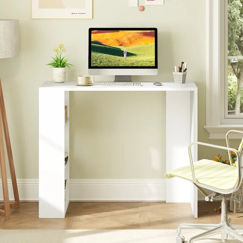 White Corner Writing Desk with 3 Open Shelves, Single-Person