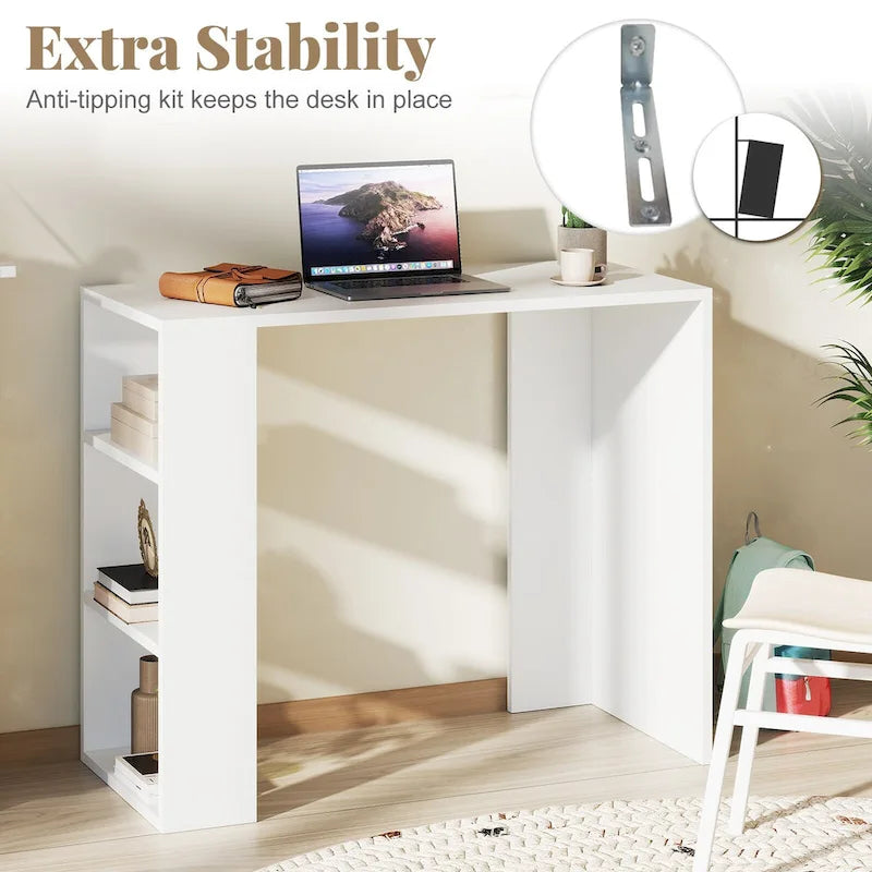 White Corner Writing Desk with 3 Open Shelves, Single-Person