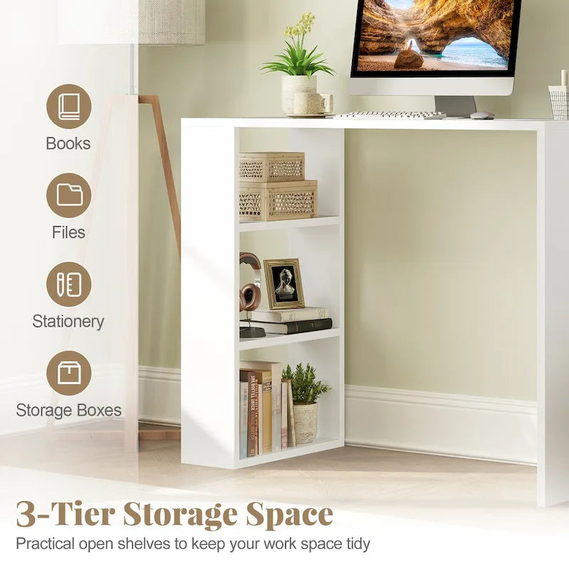 White Corner Writing Desk with 3 Open Shelves, Single-Person