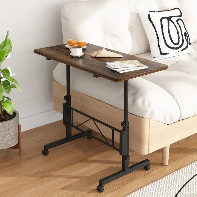 Oak/Brown/Black Rolling Sit-Stand Desk, Height-Adjustable, Single-User, 31.5"