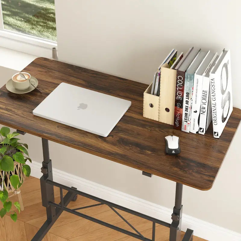 Oak/Brown/Black Rolling Sit-Stand Desk, Height-Adjustable, Single-User, 31.5"