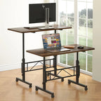 Oak/Brown/Black Rolling Sit-Stand Desk, Height-Adjustable, Single-User, 31.5"