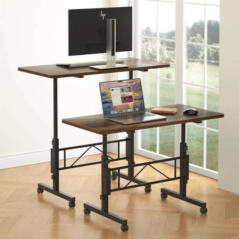 Oak/Brown/Black Rolling Sit-Stand Desk, Height-Adjustable, Single-User, 31.5"