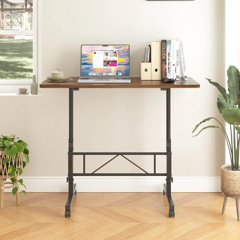 Oak/Brown/Black Rolling Sit-Stand Desk, Height-Adjustable, Single-User, 31.5"