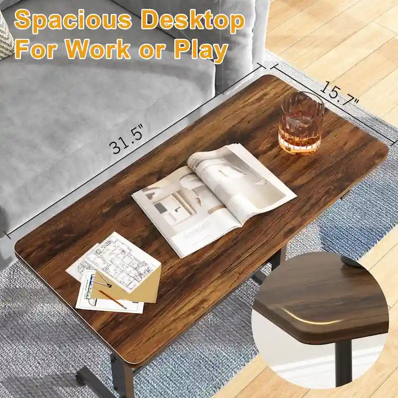 Oak/Brown/Black Rolling Sit-Stand Desk, Height-Adjustable, Single-User, 31.5"