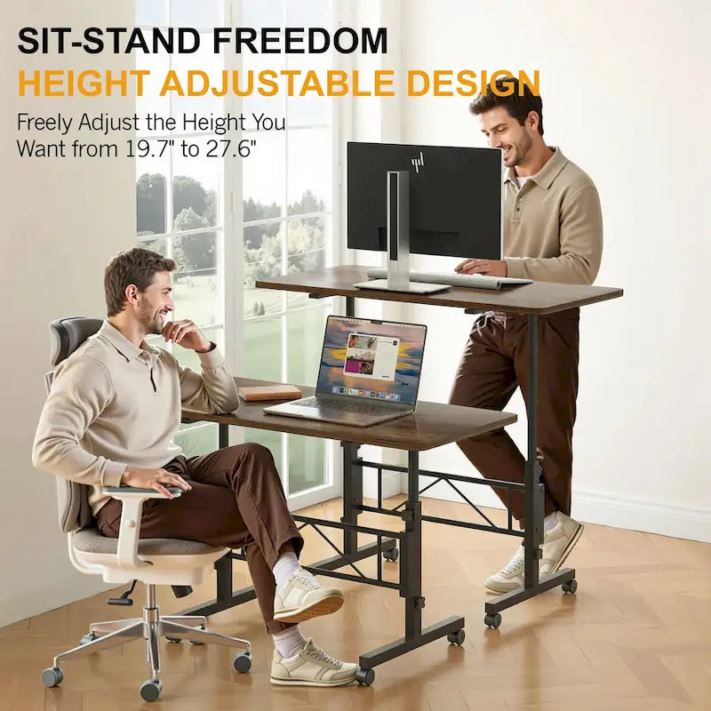 Oak/Brown/Black Rolling Sit-Stand Desk, Height-Adjustable, Single-User, 31.5"
