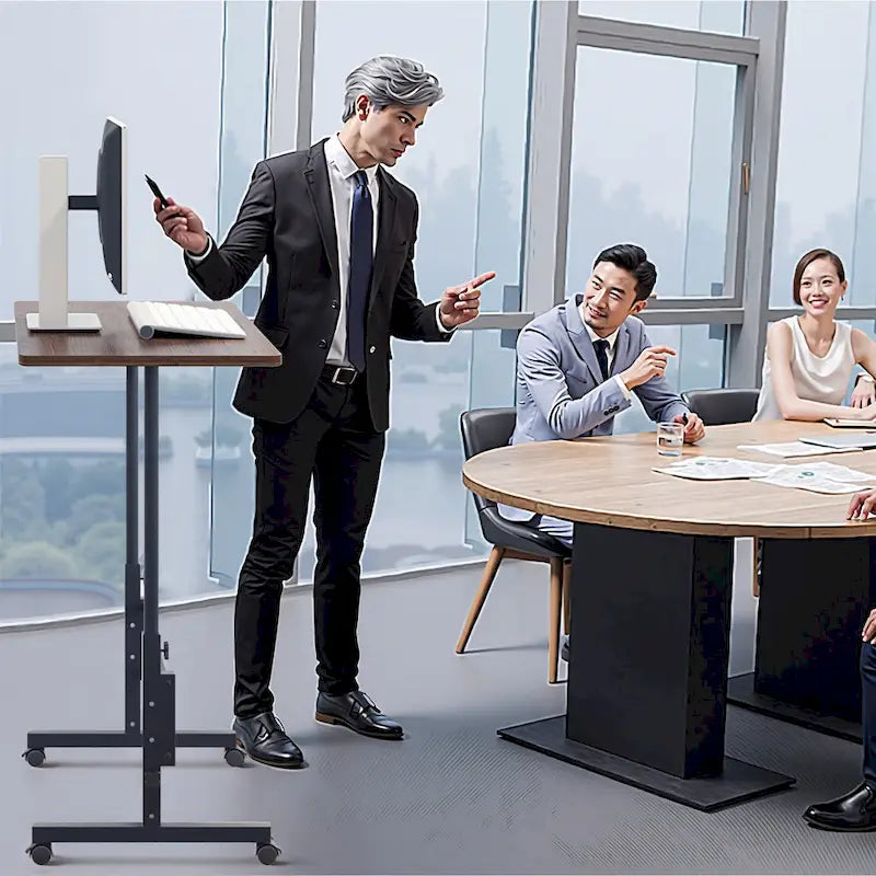 Oak/Brown/Black Rolling Sit-Stand Desk, Height-Adjustable, Single-User, 31.5"