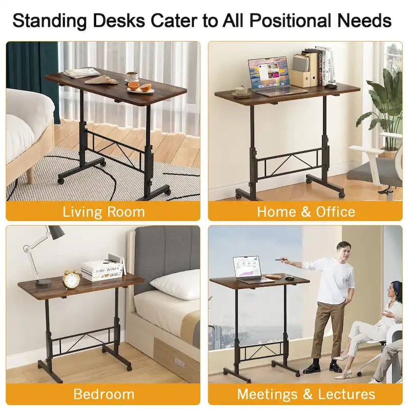 Oak/Brown/Black Rolling Sit-Stand Desk, Height-Adjustable, Single-User, 31.5"