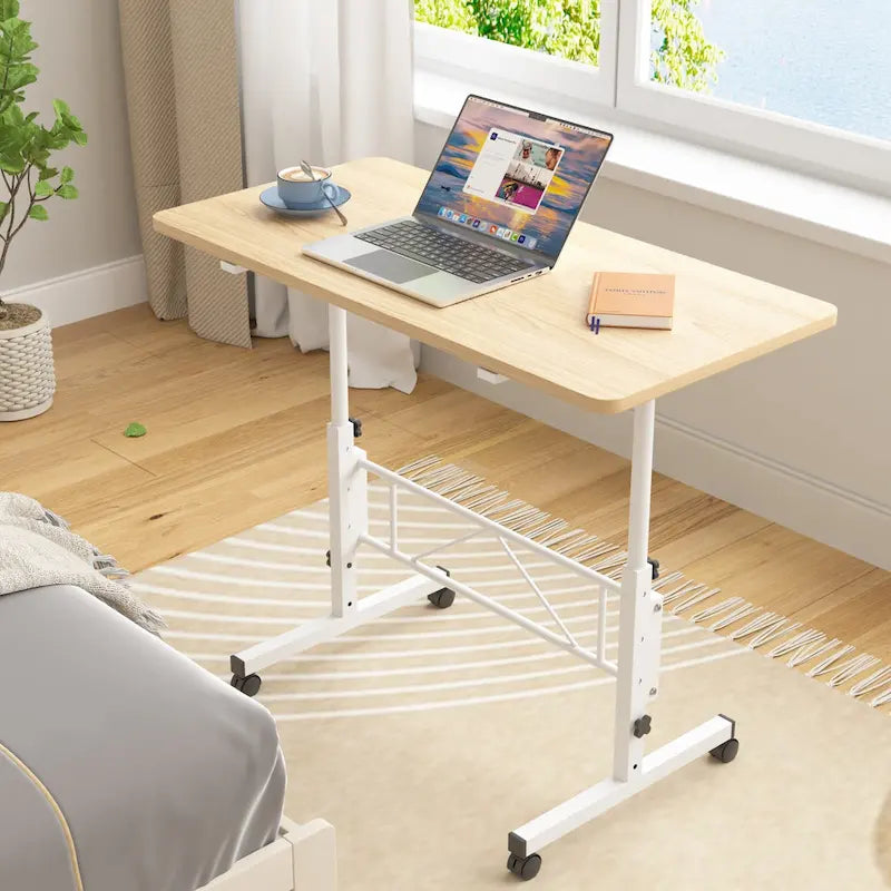 Oak/Brown/Black Rolling Sit-Stand Desk, Height-Adjustable, Single-User, 31.5"