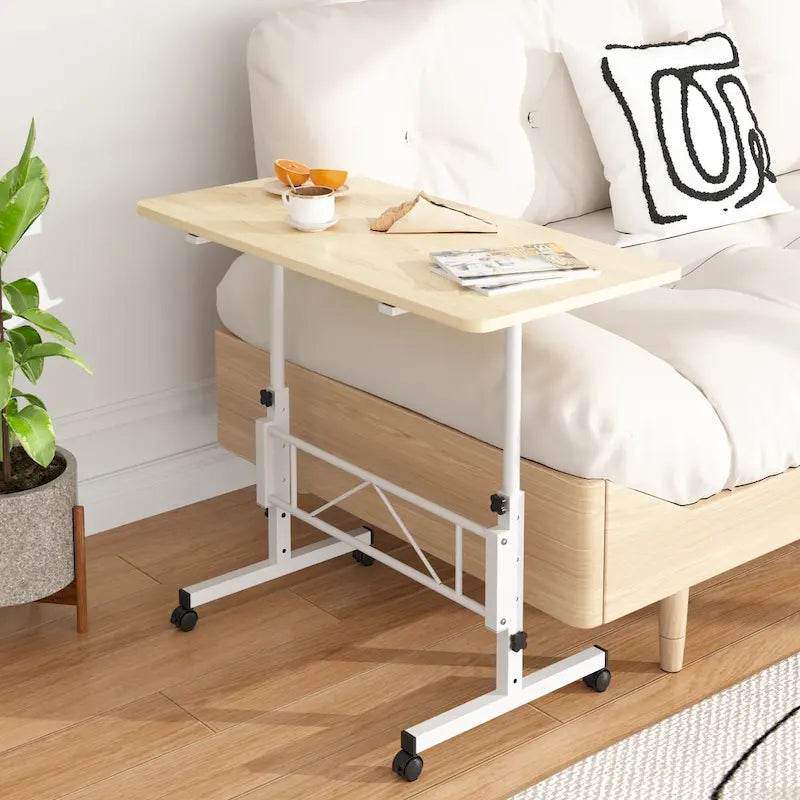 Oak/Brown/Black Rolling Sit-Stand Desk, Height-Adjustable, Single-User, 31.5"