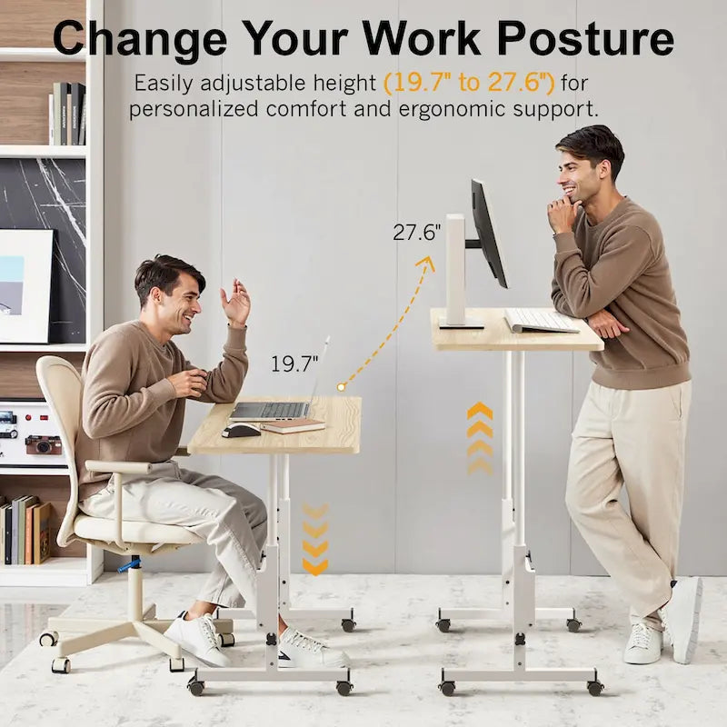 Oak/Brown/Black Rolling Sit-Stand Desk, Height-Adjustable, Single-User, 31.5"
