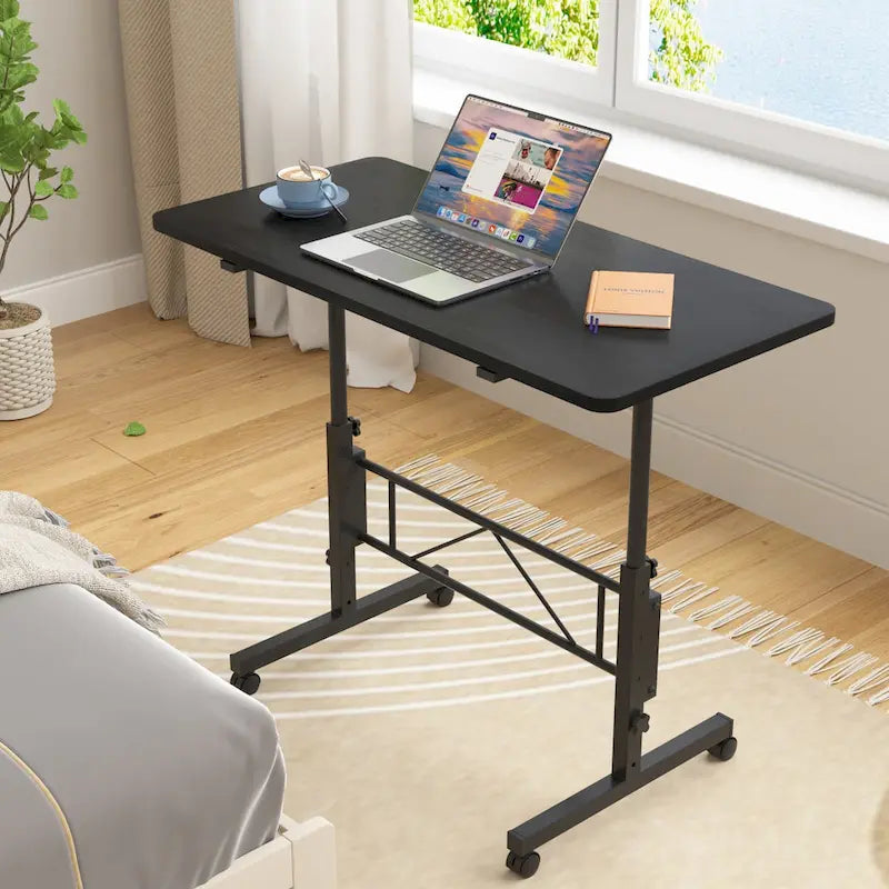 Oak/Brown/Black Rolling Sit-Stand Desk, Height-Adjustable, Single-User, 31.5"
