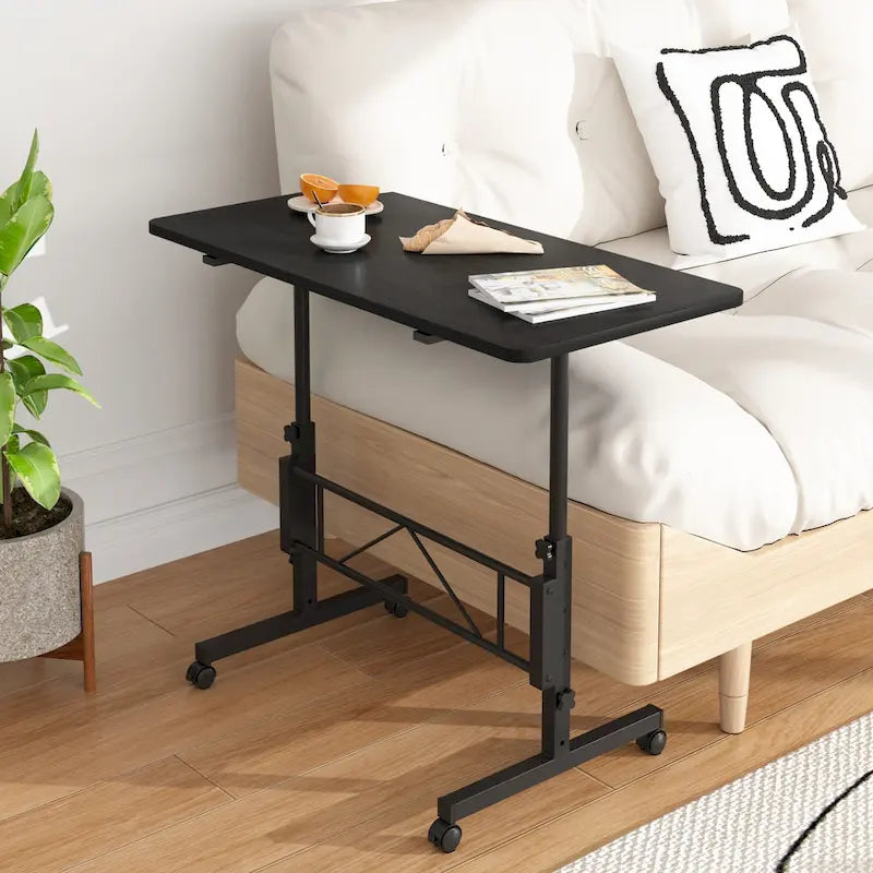 Oak/Brown/Black Rolling Sit-Stand Desk, Height-Adjustable, Single-User, 31.5"