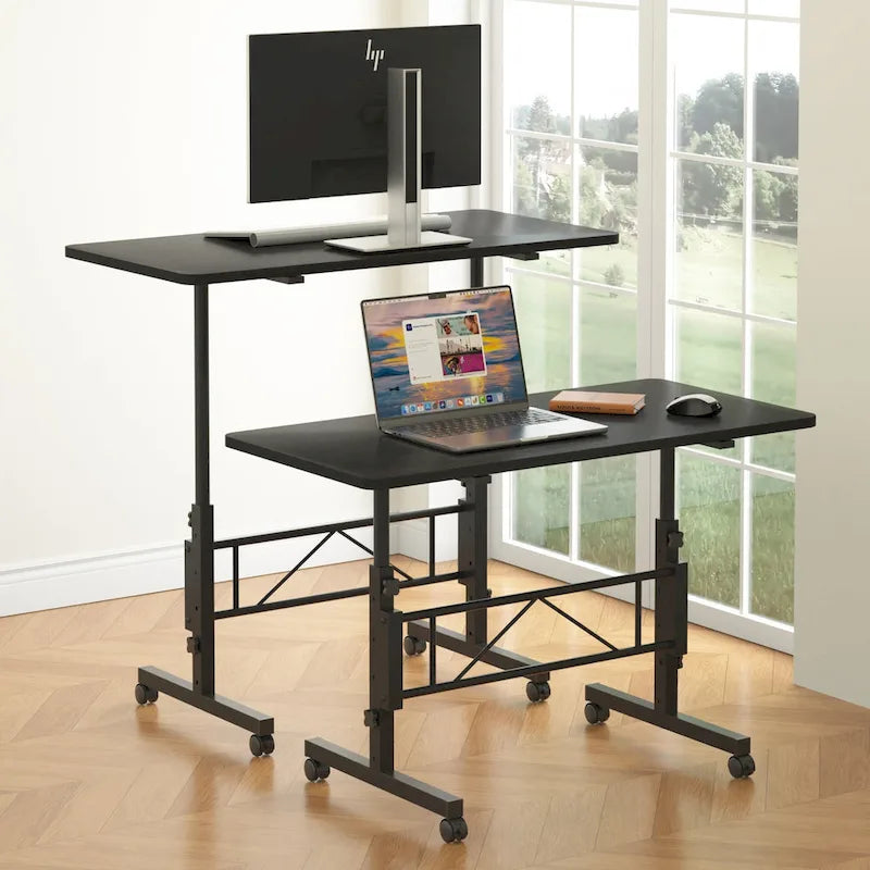 Oak/Brown/Black Rolling Sit-Stand Desk, Height-Adjustable, Single-User, 31.5"