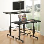 Oak/Brown/Black Rolling Sit-Stand Desk, Height-Adjustable, Single-User, 31.5"