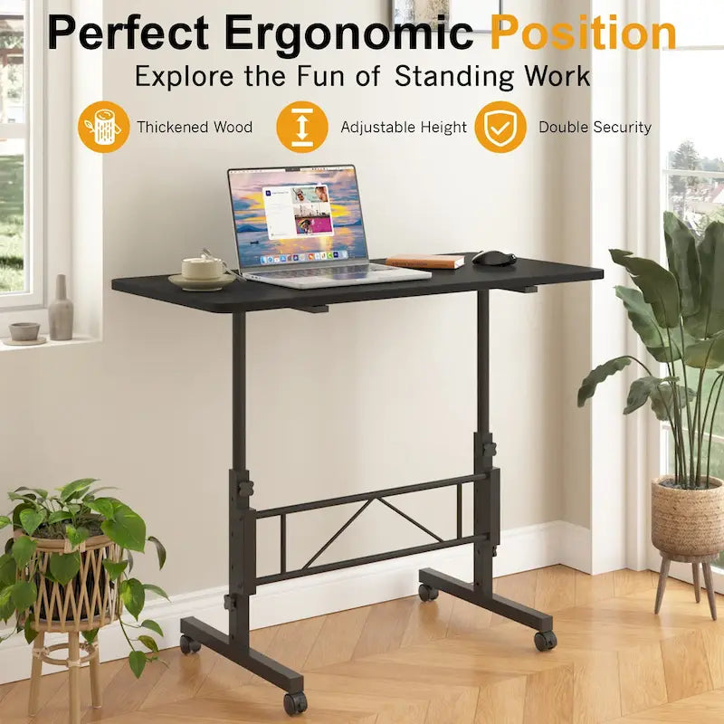 Oak/Brown/Black Rolling Sit-Stand Desk, Height-Adjustable, Single-User, 31.5"