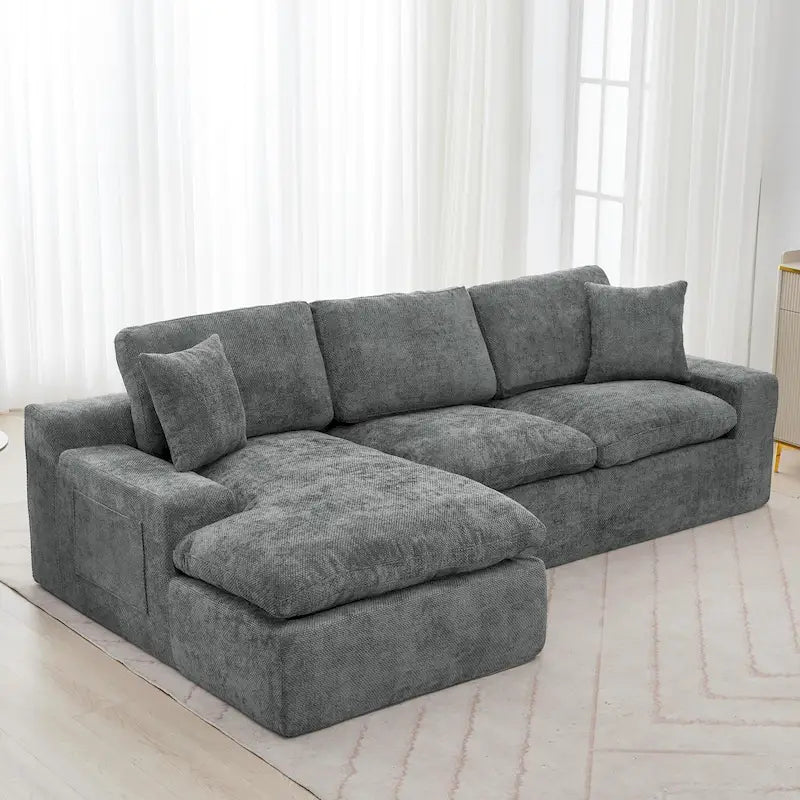 Grey/Red/Blue Chenille Sectional Sofa, L-Shape Reversible, 3-Seater