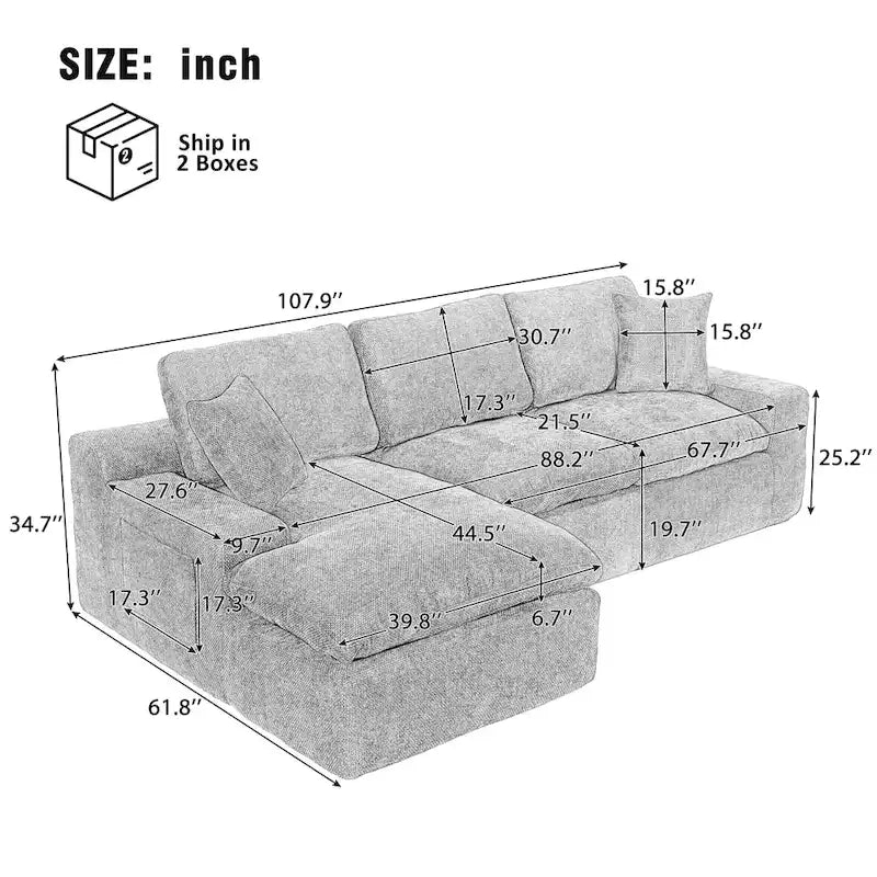Grey/Red/Blue Chenille Sectional Sofa, L-Shape Reversible, 3-Seater