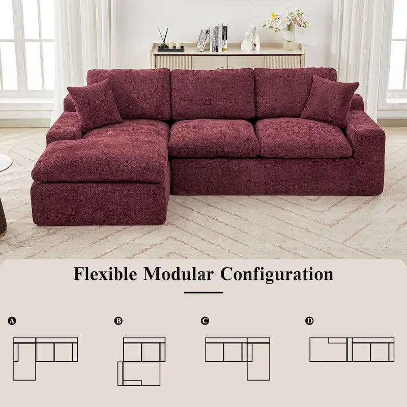 Grey/Red/Blue Chenille Sectional Sofa, L-Shape Reversible, 3-Seater