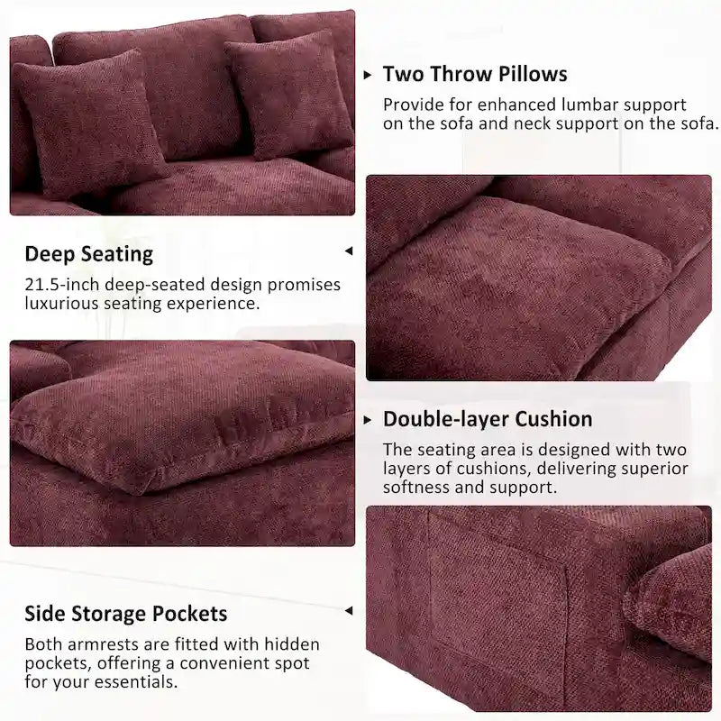 Grey/Red/Blue Chenille Sectional Sofa, L-Shape Reversible, 3-Seater