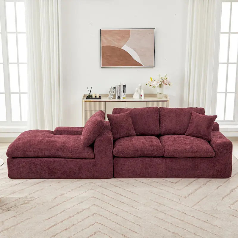 Grey/Red/Blue Chenille Sectional Sofa, L-Shape Reversible, 3-Seater