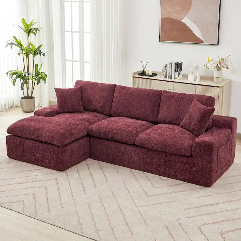Grey/Red/Blue Chenille Sectional Sofa, L-Shape Reversible, 3-Seater