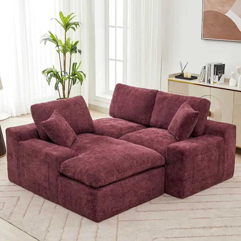Grey/Red/Blue Chenille Sectional Sofa, L-Shape Reversible, 3-Seater