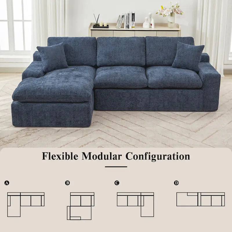 Grey/Red/Blue Chenille Sectional Sofa, L-Shape Reversible, 3-Seater
