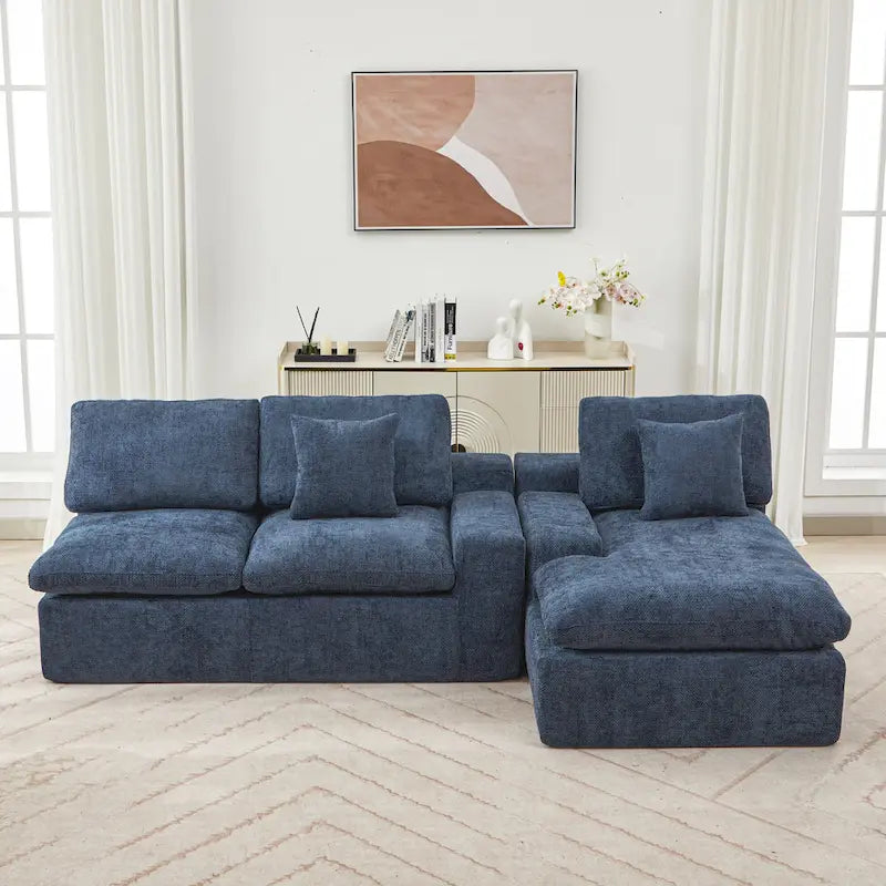 Grey/Red/Blue Chenille Sectional Sofa, L-Shape Reversible, 3-Seater