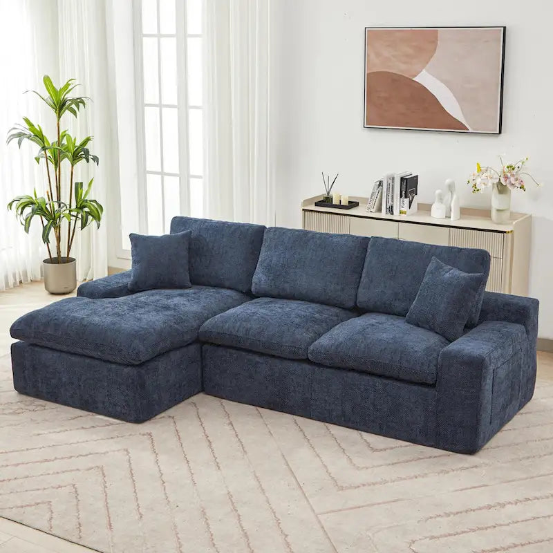 Grey/Red/Blue Chenille Sectional Sofa, L-Shape Reversible, 3-Seater