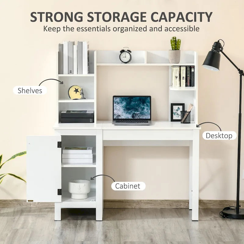 White Farmhouse Computer Desk with Hutch, Cabinet & Shelves, 1-Person