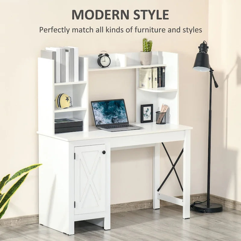 White Farmhouse Computer Desk with Hutch, Cabinet & Shelves, 1-Person
