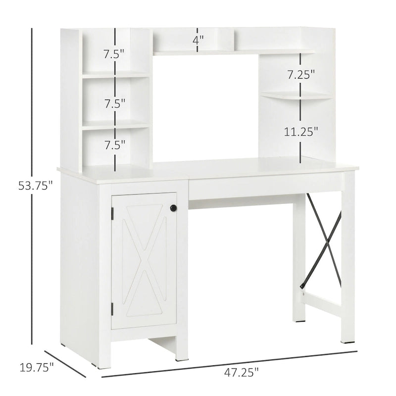 White Farmhouse Computer Desk with Hutch, Cabinet & Shelves, 1-Person