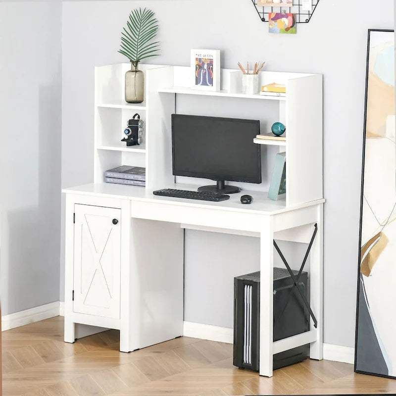 White Farmhouse Computer Desk with Hutch, Cabinet & Shelves, 1-Person