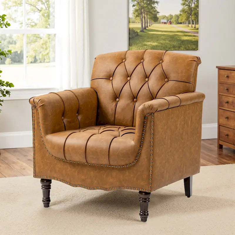 Tufted PU Leather Accent Chair with Nailhead Trim, Single Seat – Camel / Beige / Black / Brown / Blue Black / Dark Red
