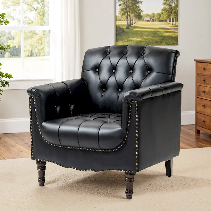 Tufted PU Leather Accent Chair with Nailhead Trim, Single Seat – Camel / Beige / Black / Brown / Blue Black / Dark Red