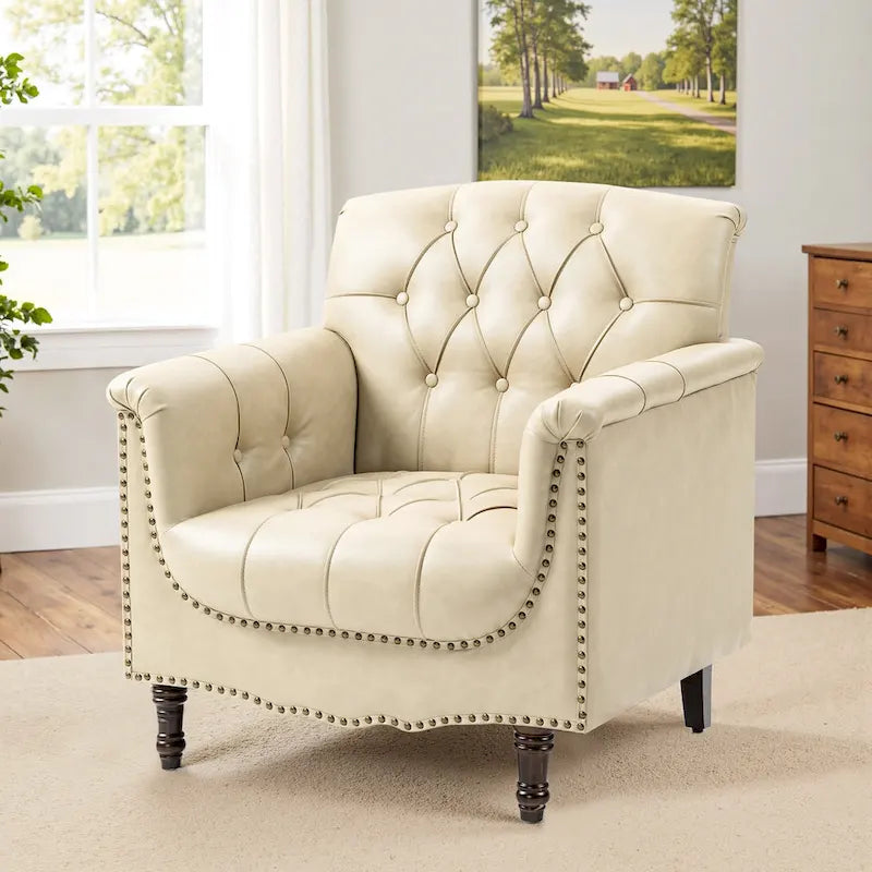 Tufted PU Leather Accent Chair with Nailhead Trim, Single Seat – Camel / Beige / Black / Brown / Blue Black / Dark Red