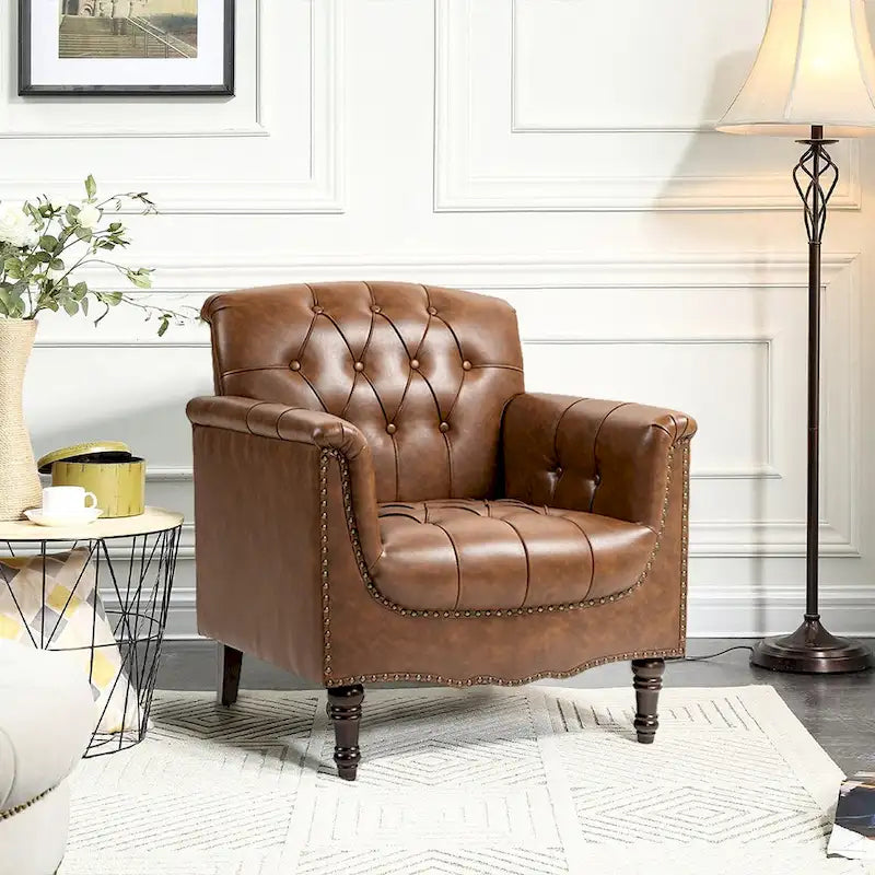 Tufted PU Leather Accent Chair with Nailhead Trim, Single Seat – Camel / Beige / Black / Brown / Blue Black / Dark Red