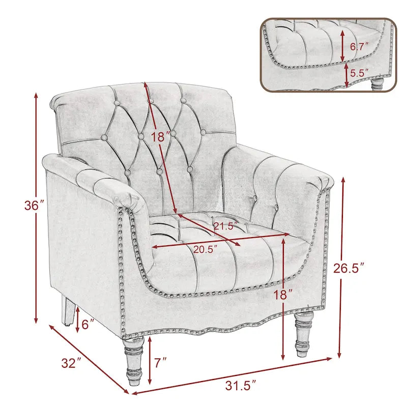 Tufted PU Leather Accent Chair with Nailhead Trim, Single Seat – Camel / Beige / Black / Brown / Blue Black / Dark Red