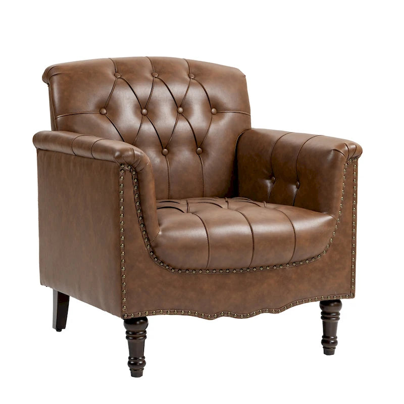 Tufted PU Leather Accent Chair with Nailhead Trim, Single Seat – Camel / Beige / Black / Brown / Blue Black / Dark Red