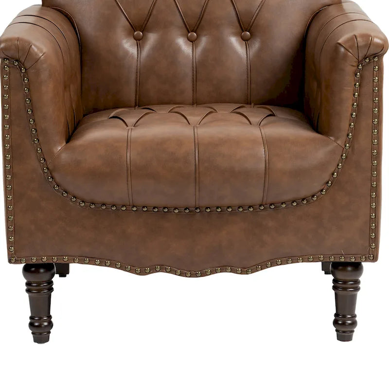 Tufted PU Leather Accent Chair with Nailhead Trim, Single Seat – Camel / Beige / Black / Brown / Blue Black / Dark Red