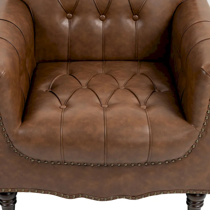 Tufted PU Leather Accent Chair with Nailhead Trim, Single Seat – Camel / Beige / Black / Brown / Blue Black / Dark Red