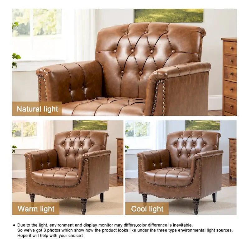 Tufted PU Leather Accent Chair with Nailhead Trim, Single Seat – Camel / Beige / Black / Brown / Blue Black / Dark Red